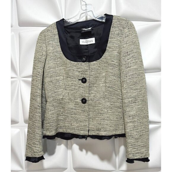 Max Mara Sz 10 Metallic Tweed Ruffle Trim Peplum Blazer Jacket Gold Black ITALY - Picture 1 of 6